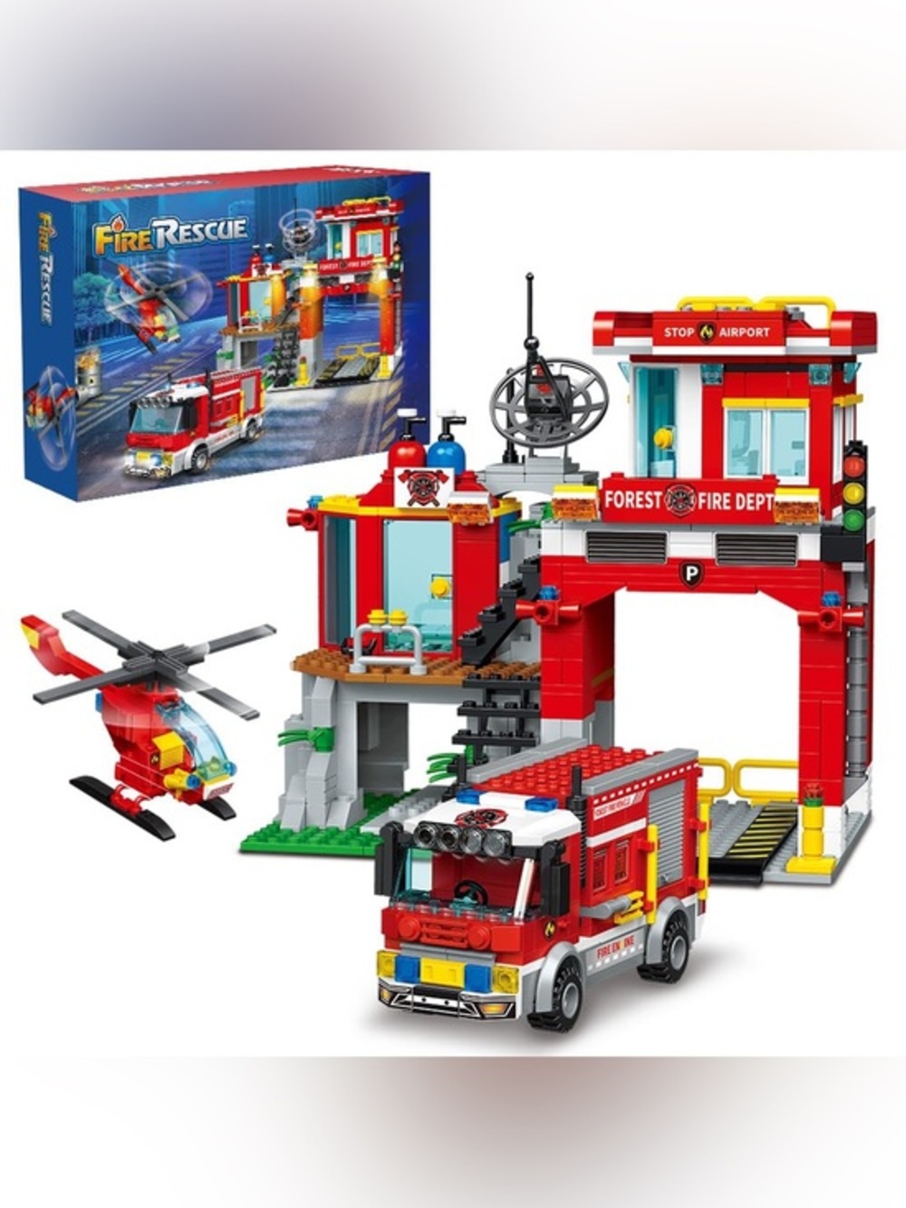Fire Rescue Building Set with Fire Station, Truck, and Helicopter